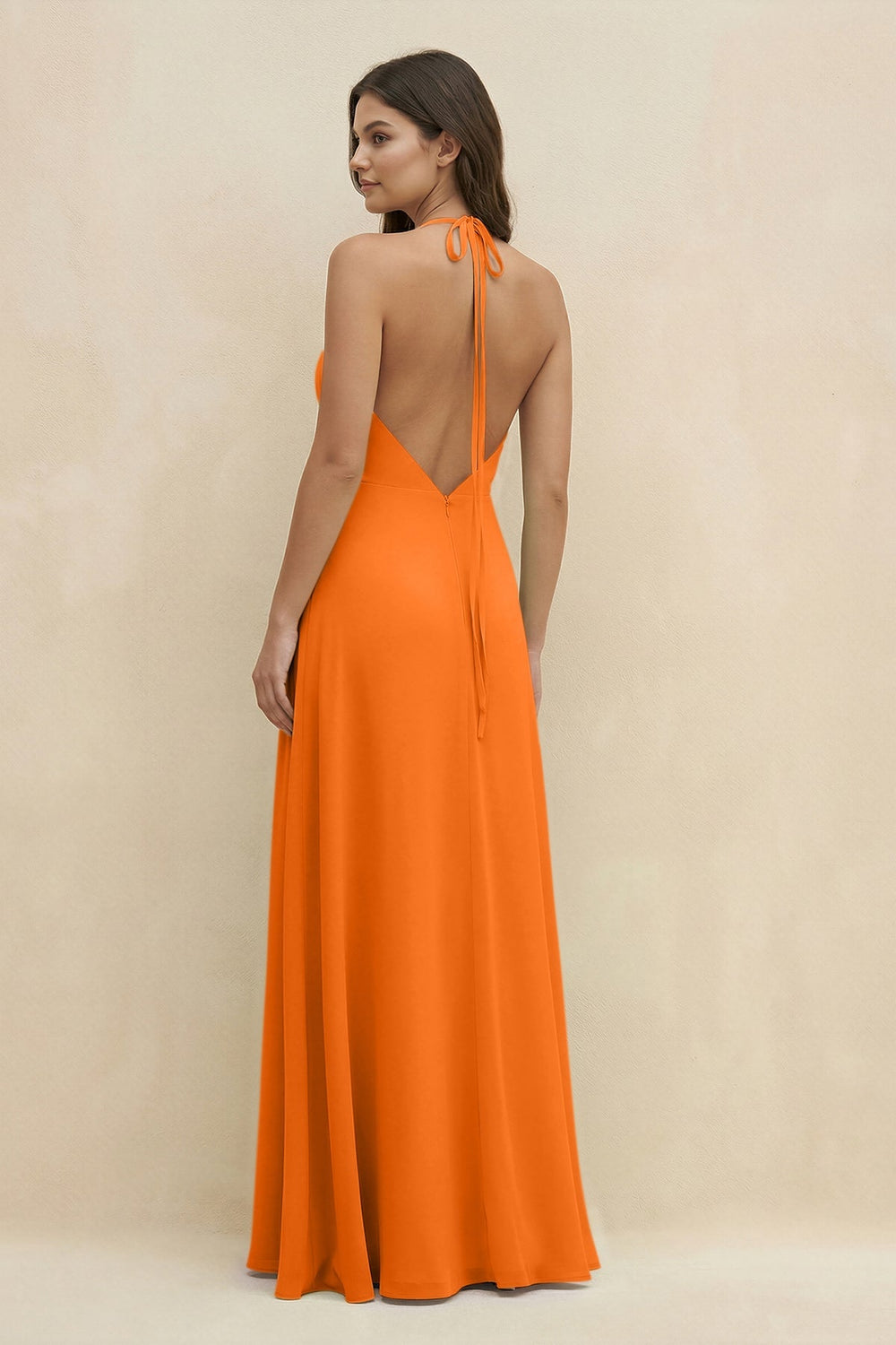 Halter Sheath Long Chiffon Bridesmaid Dress in Cinnamon - KISS BRIDAL BRIDESMAID DRESSES