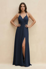 Halter Sheath Long Chiffon Bridesmaid Dress in Dark Navy - KISS BRIDAL BRIDESMAID DRESSES