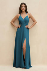 Halter Sheath Long Chiffon Bridesmaid Dress in Dark Teal - KISS BRIDAL BRIDESMAID DRESSES