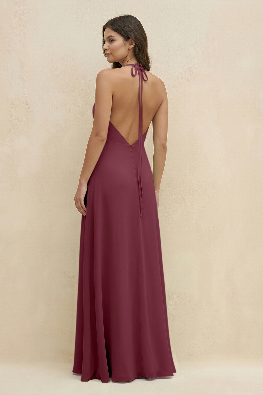 Halter Sheath Long Chiffon Bridesmaid Dress in Desert Rose