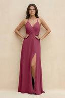 Halter Sheath Long Chiffon Bridesmaid Dress in Desert Rose - SHE IS ME BRIDESMAID DRESSES