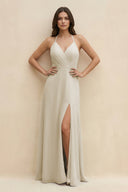 Halter Sheath Long Chiffon Bridesmaid Dress in Dove Gray - SHE IS ME BRIDESMAID DRESSES