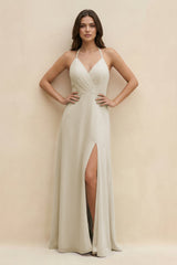 Halter Sheath Long Chiffon Bridesmaid Dress in Dove Gray - KISS BRIDAL BRIDESMAID DRESSES