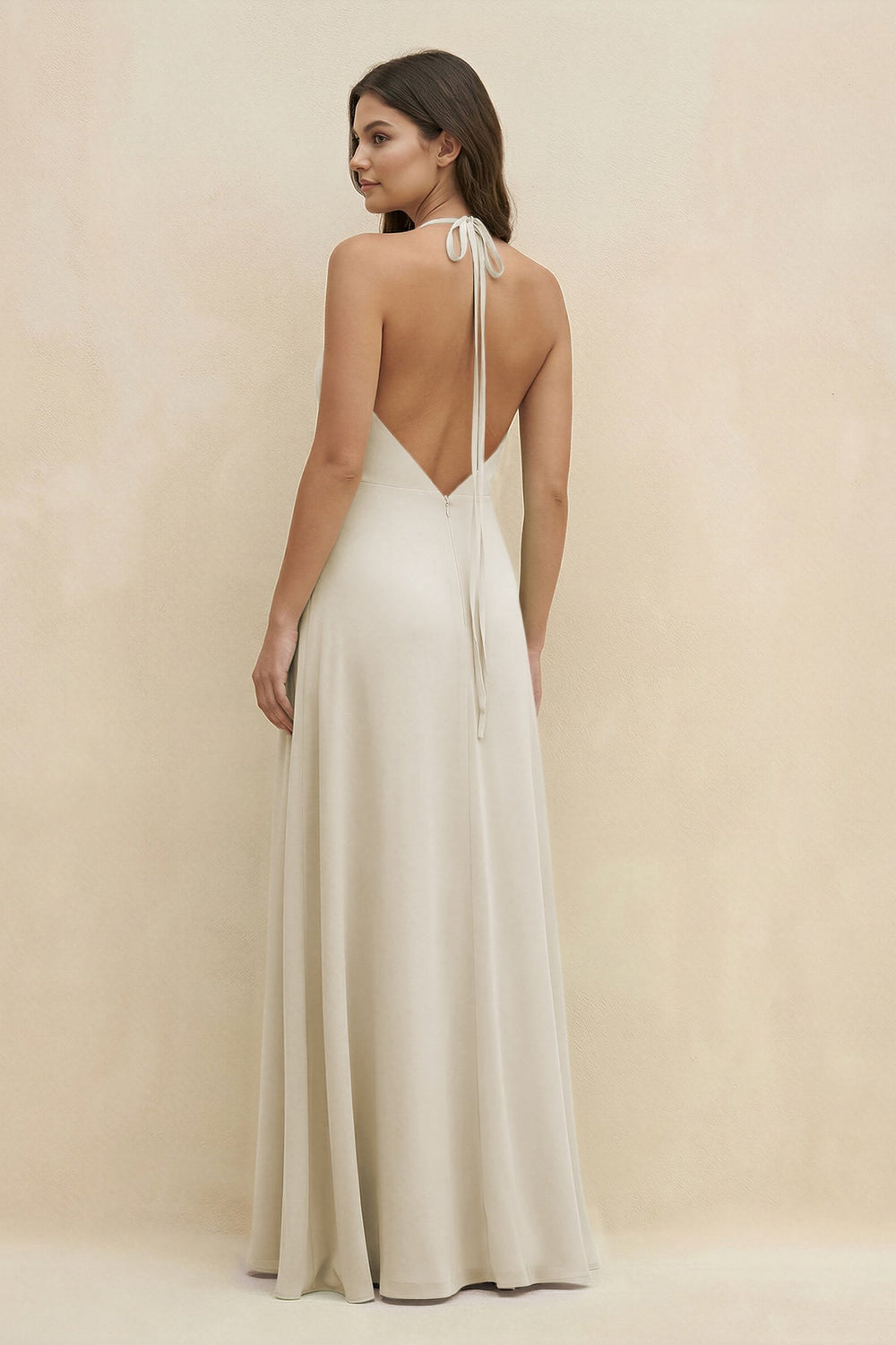 Halter Sheath Long Chiffon Bridesmaid Dress in Dove Gray - KISS BRIDAL BRIDESMAID DRESSES