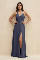 Halter Sheath Long Chiffon Bridesmaid Dress in Dusk Blue - SHE IS ME BRIDESMAID DRESSES