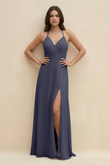 Halter Sheath Long Chiffon Bridesmaid Dress in Dusk Blue - KISS BRIDAL BRIDESMAID DRESSES