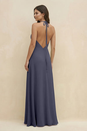 Halter Sheath Long Chiffon Bridesmaid Dress in Dusk Blue - SHE IS ME BRIDESMAID DRESSES