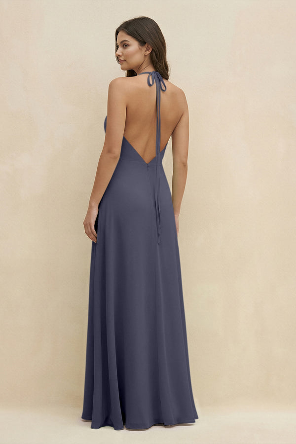 Halter Sheath Long Chiffon Bridesmaid Dress in Dusk Blue - SHE IS ME BRIDESMAID DRESSES