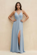 Halter Sheath Long Chiffon Bridesmaid Dress in Dusty Blue - SHE IS ME BRIDESMAID DRESSES