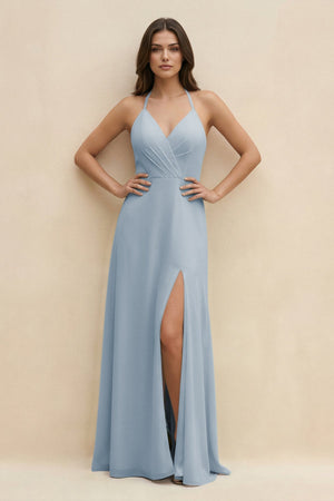 Halter Sheath Long Chiffon Bridesmaid Dress in Dusty Blue - SHE IS ME BRIDESMAID DRESSES
