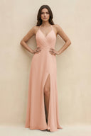 Halter Sheath Long Chiffon Bridesmaid Dress in English Rose - SHE IS ME BRIDESMAID DRESSES