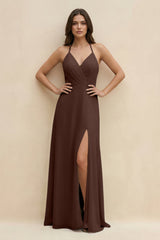Halter Sheath Long Chiffon Bridesmaid Dress in Espresso - KISS BRIDAL BRIDESMAID DRESSES
