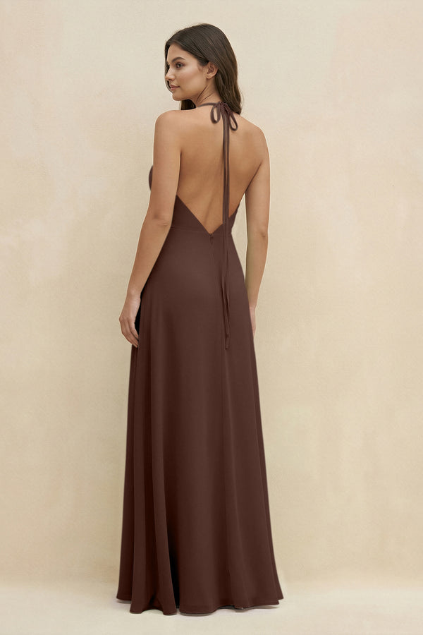 Halter Sheath Long Chiffon Bridesmaid Dress in Espresso - SHE IS ME BRIDESMAID DRESSES