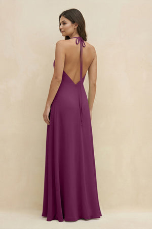 Halter Sheath Long Chiffon Bridesmaid Dress in Fig - SHE IS ME BRIDESMAID DRESSES