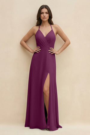 Halter Sheath Long Chiffon Bridesmaid Dress in Fig - SHE IS ME BRIDESMAID DRESSES