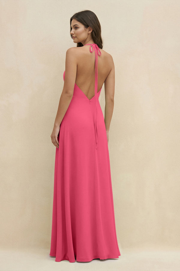 Halter Sheath Long Chiffon Bridesmaid Dress in Fuchsia - SHE IS ME BRIDESMAID DRESSES