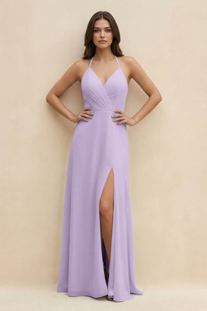 Halter Sheath Long Chiffon Bridesmaid Dress in Lavender - SHE IS ME BRIDESMAID DRESSES