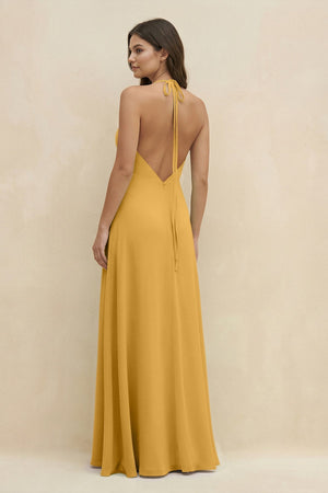 Halter Sheath Long Chiffon Bridesmaid Dress in Marigold - SHE IS ME BRIDESMAID DRESSES