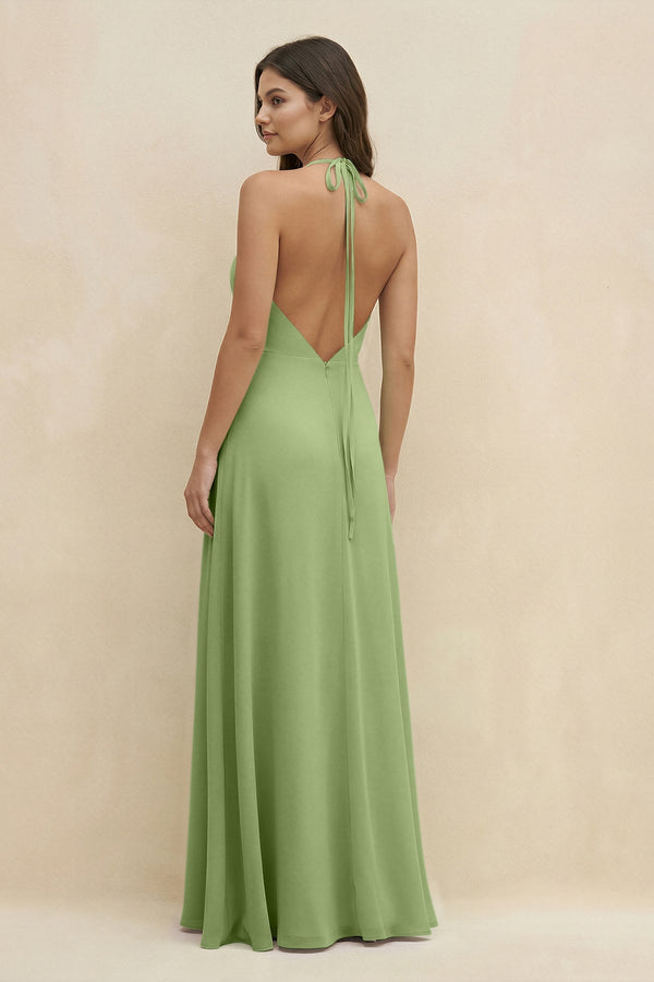 Halter Sheath Long Chiffon Bridesmaid Dress in Matcha - SHE IS ME BRIDESMAID DRESSES