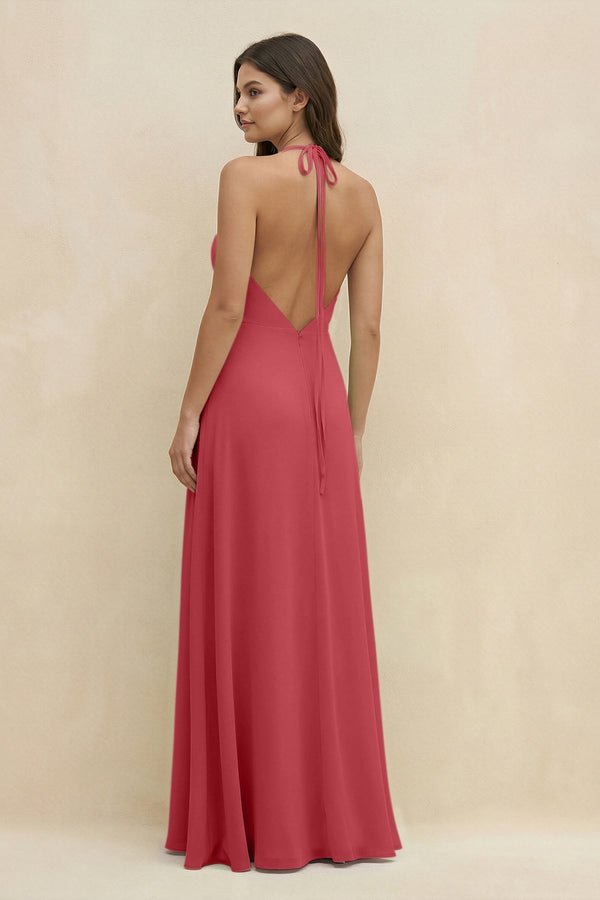 Halter Sheath Long Chiffon Bridesmaid Dress in Merlot - SHE IS ME BRIDESMAID DRESSES