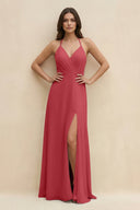 Halter Sheath Long Chiffon Bridesmaid Dress in Merlot - SHE IS ME BRIDESMAID DRESSES