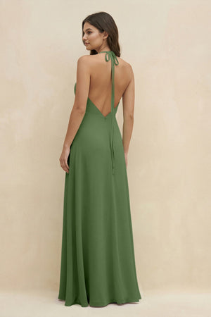 Halter Sheath Long Chiffon Bridesmaid Dress in Moss - SHE IS ME BRIDESMAID DRESSES