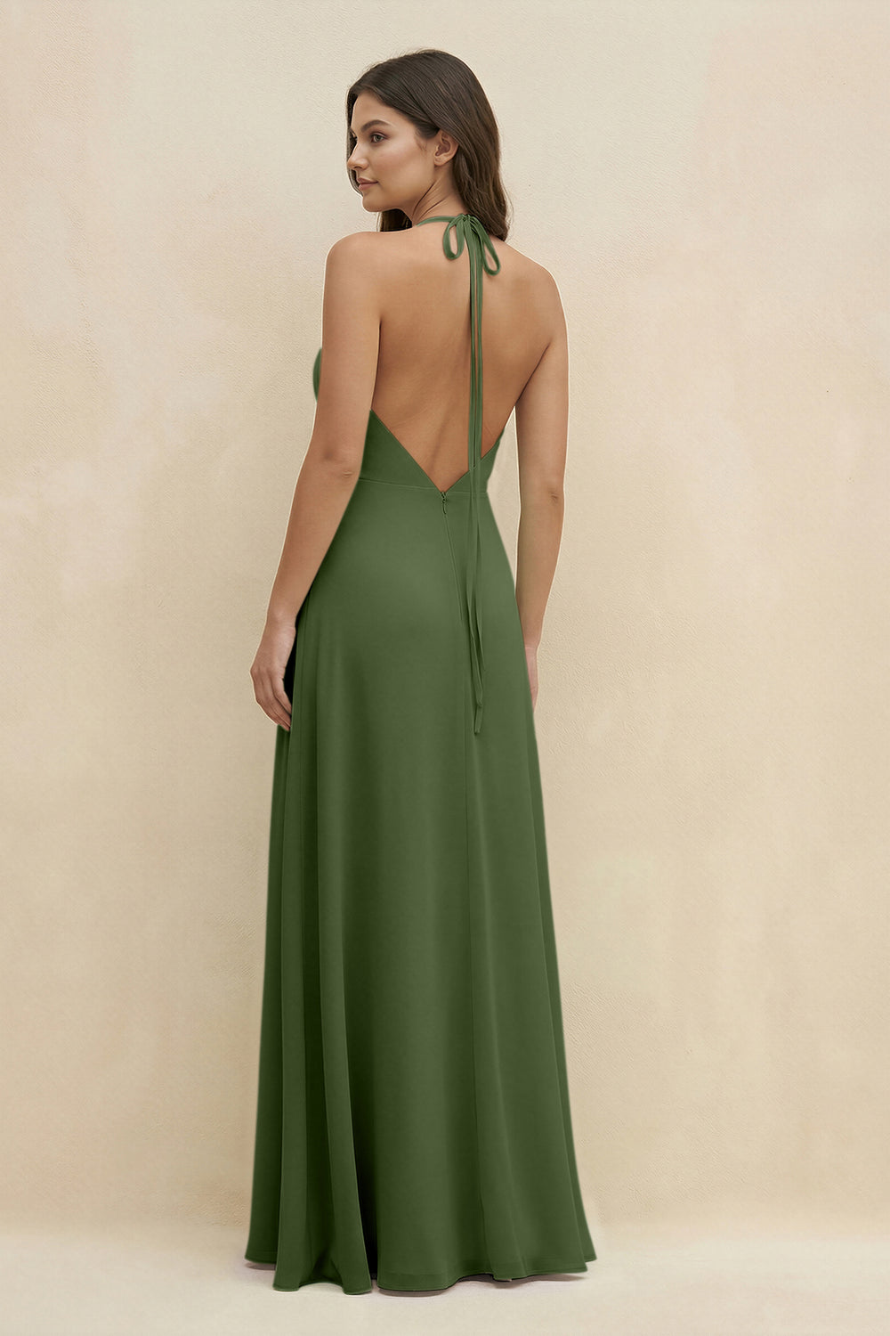 Halter Sheath Long Chiffon Bridesmaid Dress in Moss
