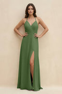 Halter Sheath Long Chiffon Bridesmaid Dress in Moss - SHE IS ME BRIDESMAID DRESSES