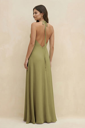 Halter Sheath Long Chiffon Bridesmaid Dress in Moss Green (2) | KISSBRIDAL