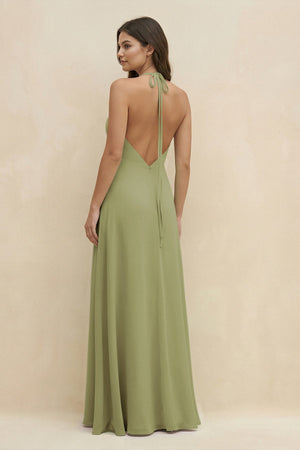 Halter Sheath Long Chiffon Bridesmaid Dress in Moss Green - SHE IS ME BRIDESMAID DRESSES