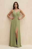 Halter Sheath Long Chiffon Bridesmaid Dress in Moss Green - SHE IS ME BRIDESMAID DRESSES