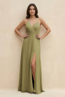 Halter Sheath Long Chiffon Bridesmaid Dress in Moss Green | KISSBRIDAL