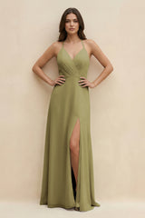 Halter Sheath Long Chiffon Bridesmaid Dress in Moss Green | KISSBRIDAL