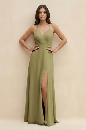 Halter Sheath Long Chiffon Bridesmaid Dress in Moss Green | KISSBRIDAL