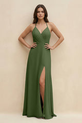 Halter Sheath Long Chiffon Bridesmaid Dress in Moss | KISSBRIDAL