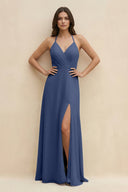 Halter Sheath Long Chiffon Bridesmaid Dress in Navy - SHE IS ME BRIDESMAID DRESSES