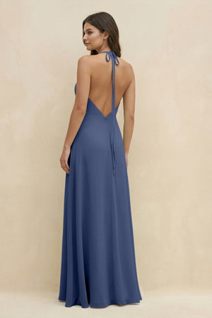 Halter Sheath Long Chiffon Bridesmaid Dress in Navy - SHE IS ME BRIDESMAID DRESSES