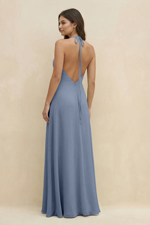 Halter Sheath Long Chiffon Bridesmaid Dress in Neptune - SHE IS ME BRIDESMAID DRESSES