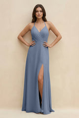 Halter Sheath Long Chiffon Bridesmaid Dress in Neptune - KISS BRIDAL BRIDESMAID DRESSES