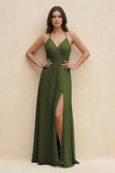 Halter Sheath Long Chiffon Bridesmaid Dress in Olive - SHE IS ME BRIDESMAID DRESSES