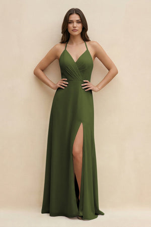 Halter Sheath Long Chiffon Bridesmaid Dress in Olive - SHE IS ME BRIDESMAID DRESSES