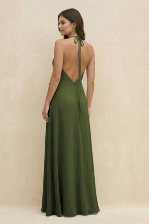 Halter Sheath Long Chiffon Bridesmaid Dress in Olive - SHE IS ME BRIDESMAID DRESSES