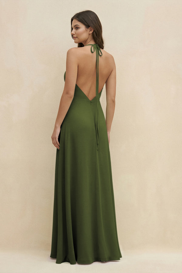 Halter Sheath Long Chiffon Bridesmaid Dress in Olive - SHE IS ME BRIDESMAID DRESSES