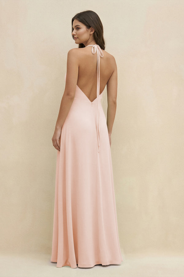 Halter Sheath Long Chiffon Bridesmaid Dress in Pale Blush - SHE IS ME BRIDESMAID DRESSES