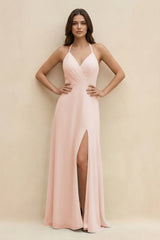 Halter Sheath Long Chiffon Bridesmaid Dress in Pale Blush - KISS BRIDAL BRIDESMAID DRESSES