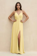 Halter Sheath Long Chiffon Bridesmaid Dress in Pastel Yellow - SHE IS ME BRIDESMAID DRESSES