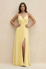 Halter Sheath Long Chiffon Bridesmaid Dress in Pastel Yellow - KISS BRIDAL BRIDESMAID DRESSES