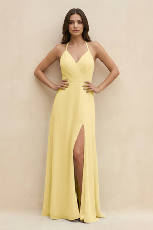 Halter Sheath Long Chiffon Bridesmaid Dress in Pastel Yellow - SHE IS ME BRIDESMAID DRESSES