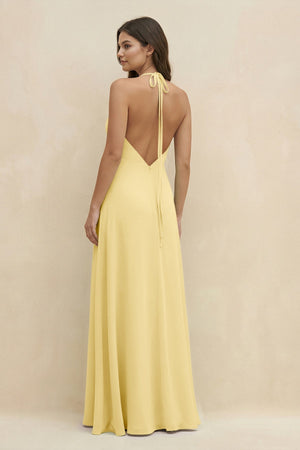 Halter Sheath Long Chiffon Bridesmaid Dress in Pastel Yellow - SHE IS ME BRIDESMAID DRESSES
