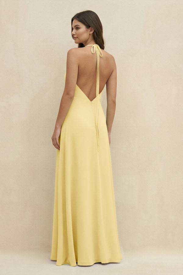 Halter Sheath Long Chiffon Bridesmaid Dress in Pastel Yellow - SHE IS ME BRIDESMAID DRESSES